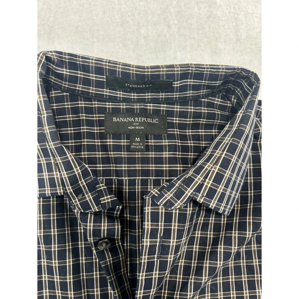 Banana Republic Mens Standard Fit Non-Iron Plaid Button Down Shirt Navy Brown M